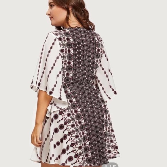 NWOT Boohoo Ivory & Maroon Ornate Aztec Tassel Flutter Sleeve Mini Dress - Picture 4 of 12